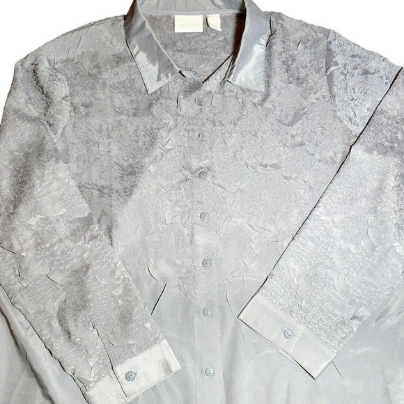 Chico's Tops - Chicos Textured Crinkle Button Down Blouse Long Sleeve Blue Grey Size 3 Large XL